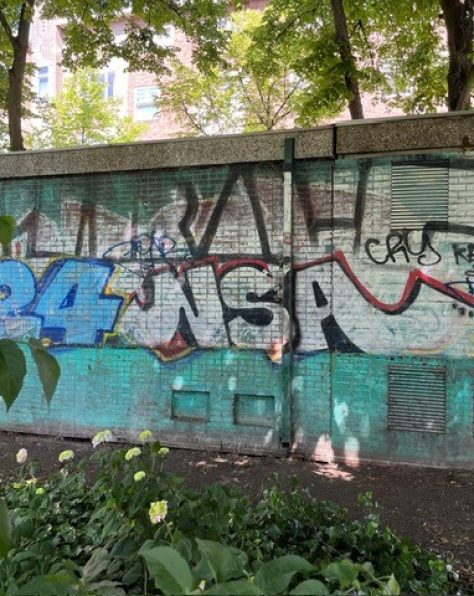 Graffiti op de achterzijde van een elektriciteitshuisje